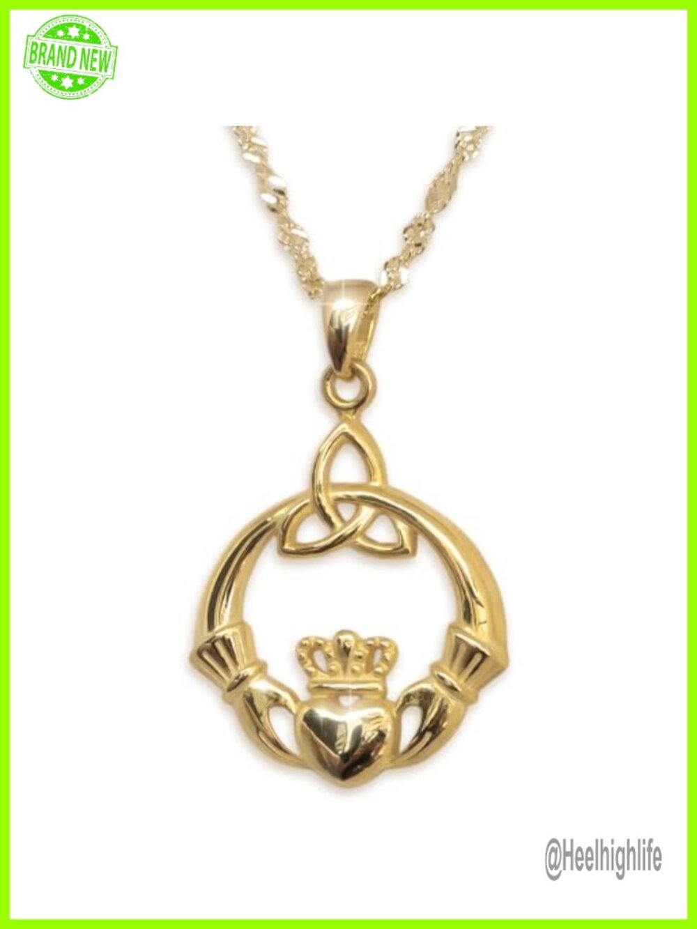 925 Sterling Silver Irish Claddagh Necklace with 14K Gold Plated Chain